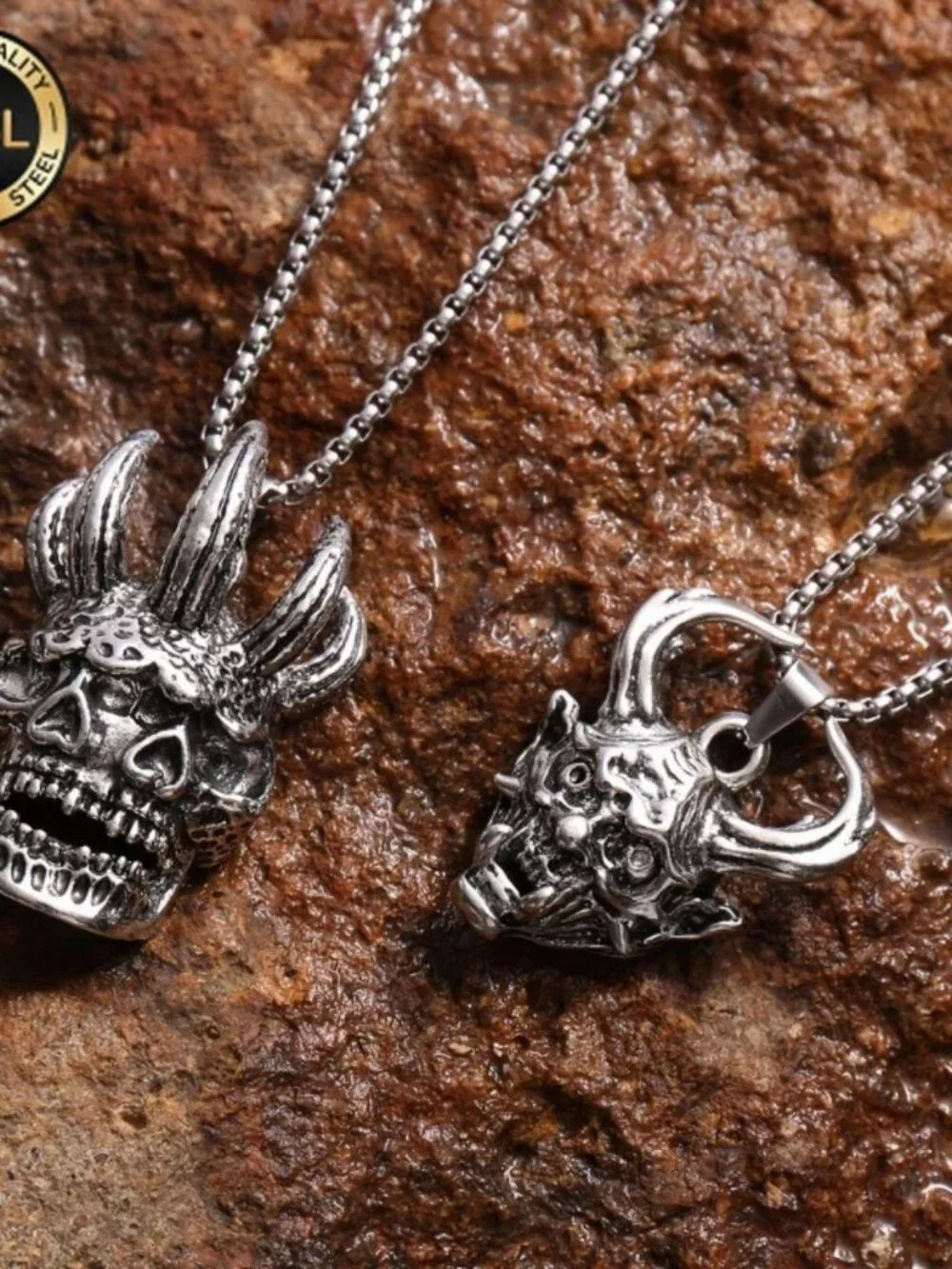 Mens 2pcs devil skull pendant necklace gothic hip hop set